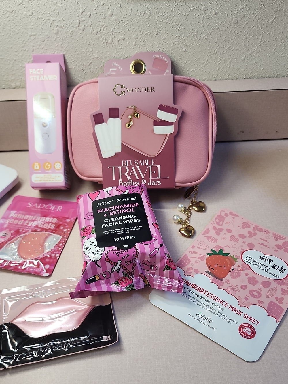 Travel Case Bottle & Jars Kit & Face Steamer, Face, Eye, Lip Mask, Betsey Wipes